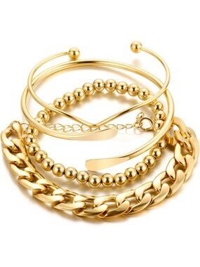 Women's Bangles Set, Multi Layer Textured 14k Gold Plated Chunky Cuban Bracelet